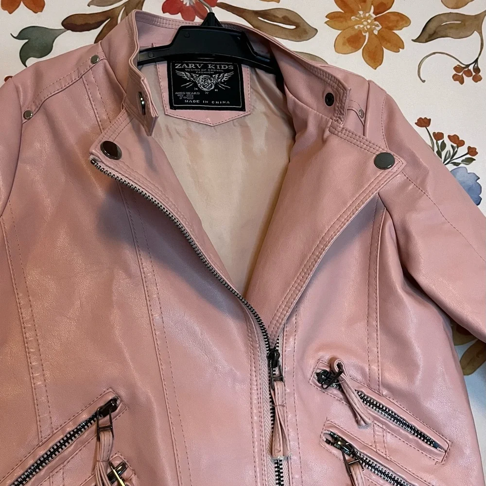Kids M 7/8 Powder Pink Faux Leather Full Zip Motorcycle Spring Biker Jacket